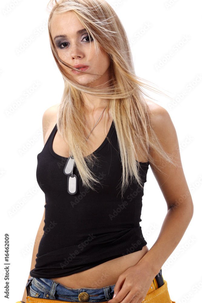 Female construction worker . Black and yellow concept. Female construction worker . Black and yellow concept.