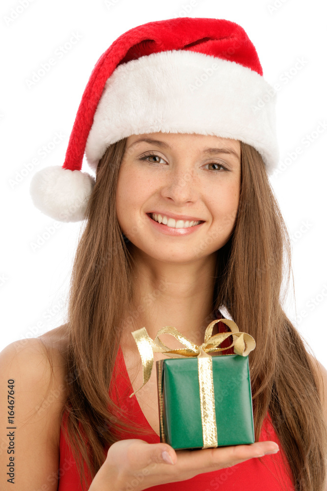 Christmas woman giving a gift isolated on white background