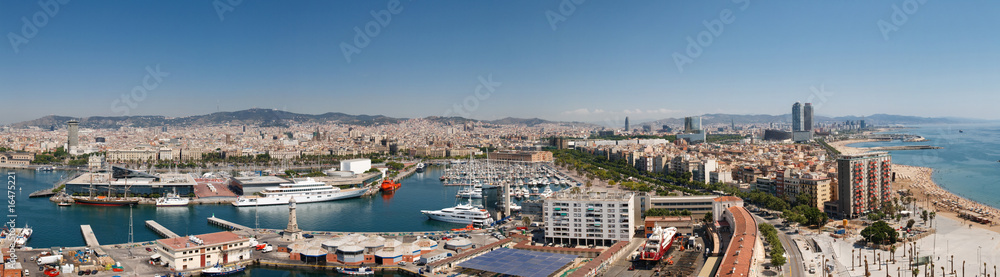 Panoramic View at Harbor, Beach and City of Barcelona, Spain.