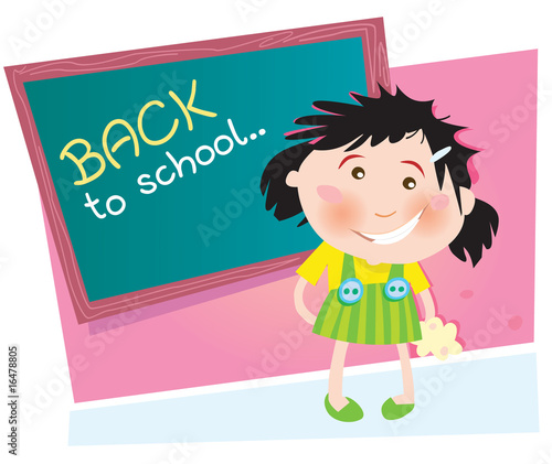 Back to school. Small girl in the school. Vector Illustration.