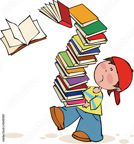 Schoolboy with huge pile of books