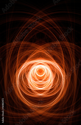 An abstract fractal background featuring glowing orange and red swirling lines forming a central vortex pattern against deep black.
