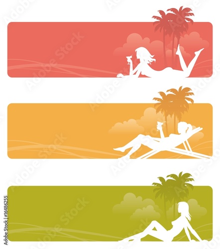 Three vector banners with silhouettes of a relaxing girls