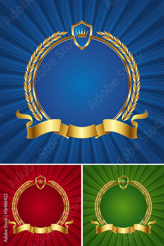 Round golden frame with ribbon and wreath