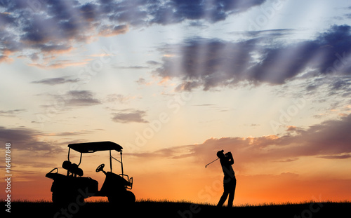 Silhouette of golfer with golf cart