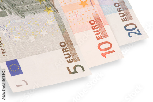 Three euro's banknotes on white background with shadow