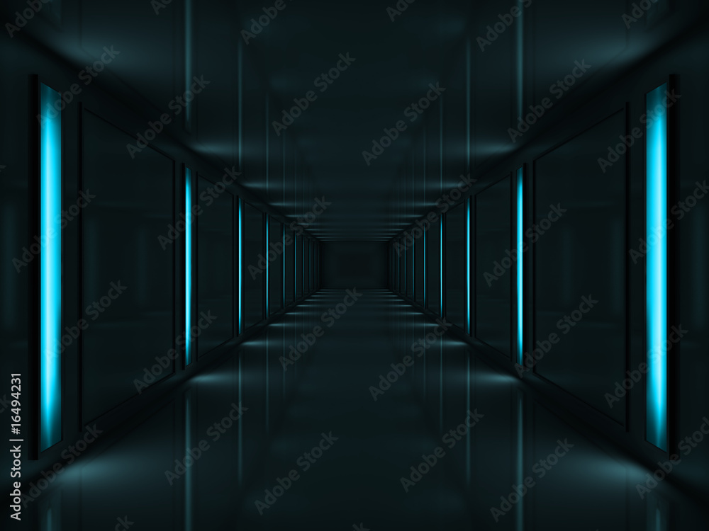 Fototapeta premium 3d Ciemny korytarz z niebieskimi lampami na ścianach