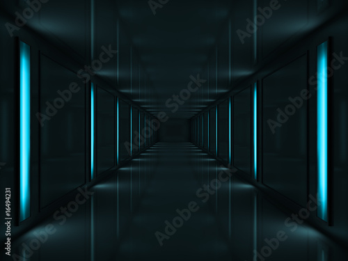 3d Dark corridor with blue lamps on walls