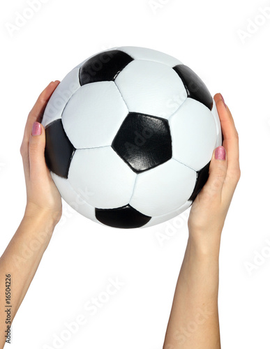 Soccer ball in hands on the white background. (isolated)