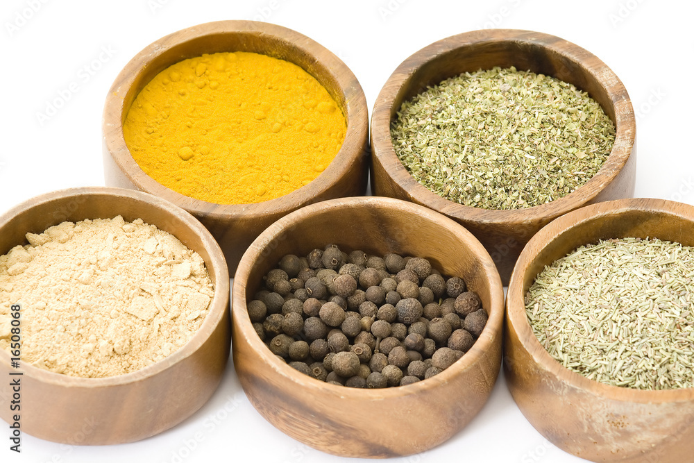 five bowl of spices isolated on white five bowl of spices isolated on white