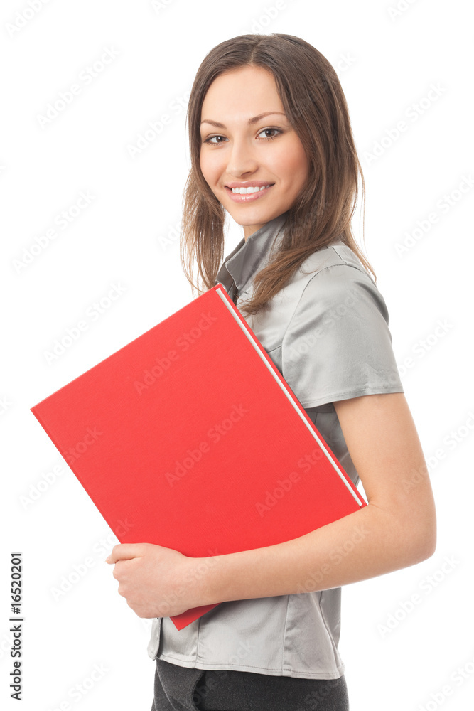 Portrait of smiling busy businesswoman with folder, isolated Portrait of smiling busy businesswoman with folder, isolated