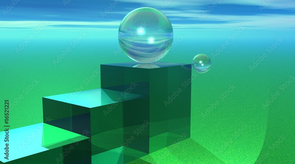 Glass bubble on top of green stairs Glass bubble on top of green stairs