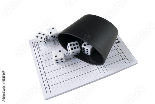 Yatzy block with dices and throwing mug