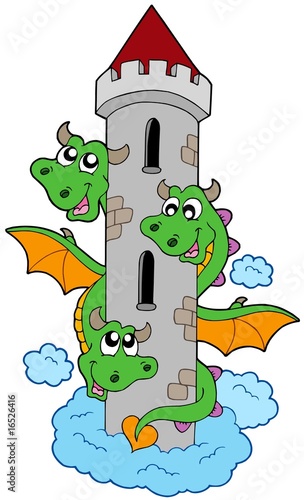 Three headed dragon with tower