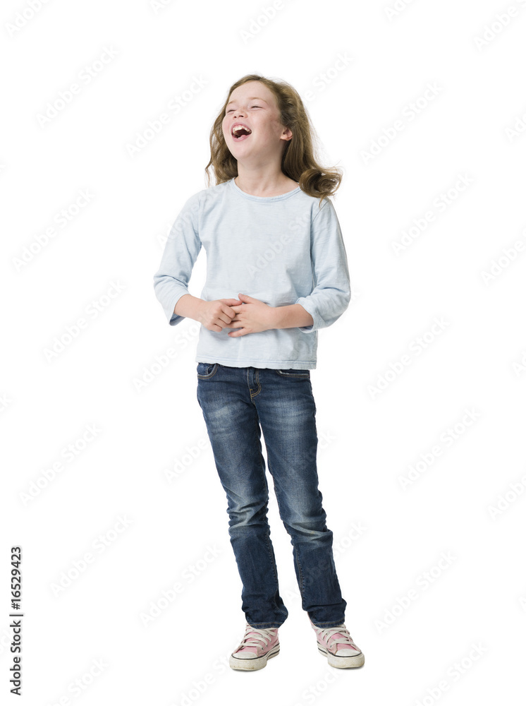 Young girl head back laughing, full-length on white background Young girl head back laughing, full-length on white background