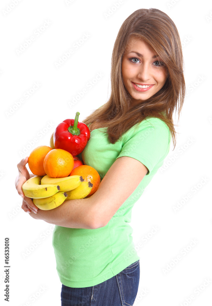 Young smiling woman with fruits and vegetables. Young smiling woman with fruits and vegetables.