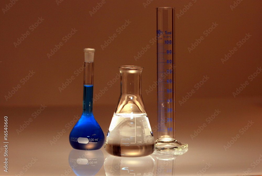 flask, cylinder with liquids in chemical laboratory flask, cylinder with liquids in chemical laboratory