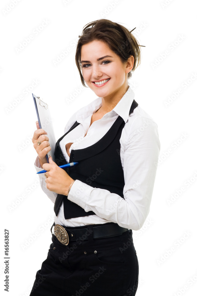 Happy business woman with tablet and pen smiling Happy business woman with tablet and pen smiling