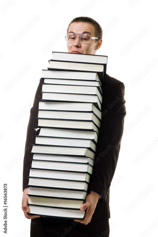 Man with a huge pile of books Man with a huge pile of books