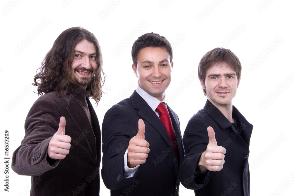three happy business men together as a team tumb up three happy business men together as a team tumb up