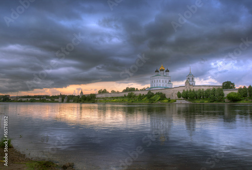 Clouds above the Pskov Kremlin on a decline. Russia.