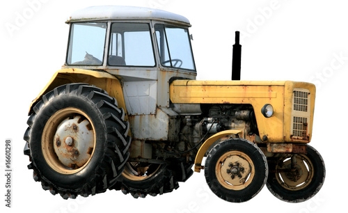 Yellow tractor isolated on white background photo