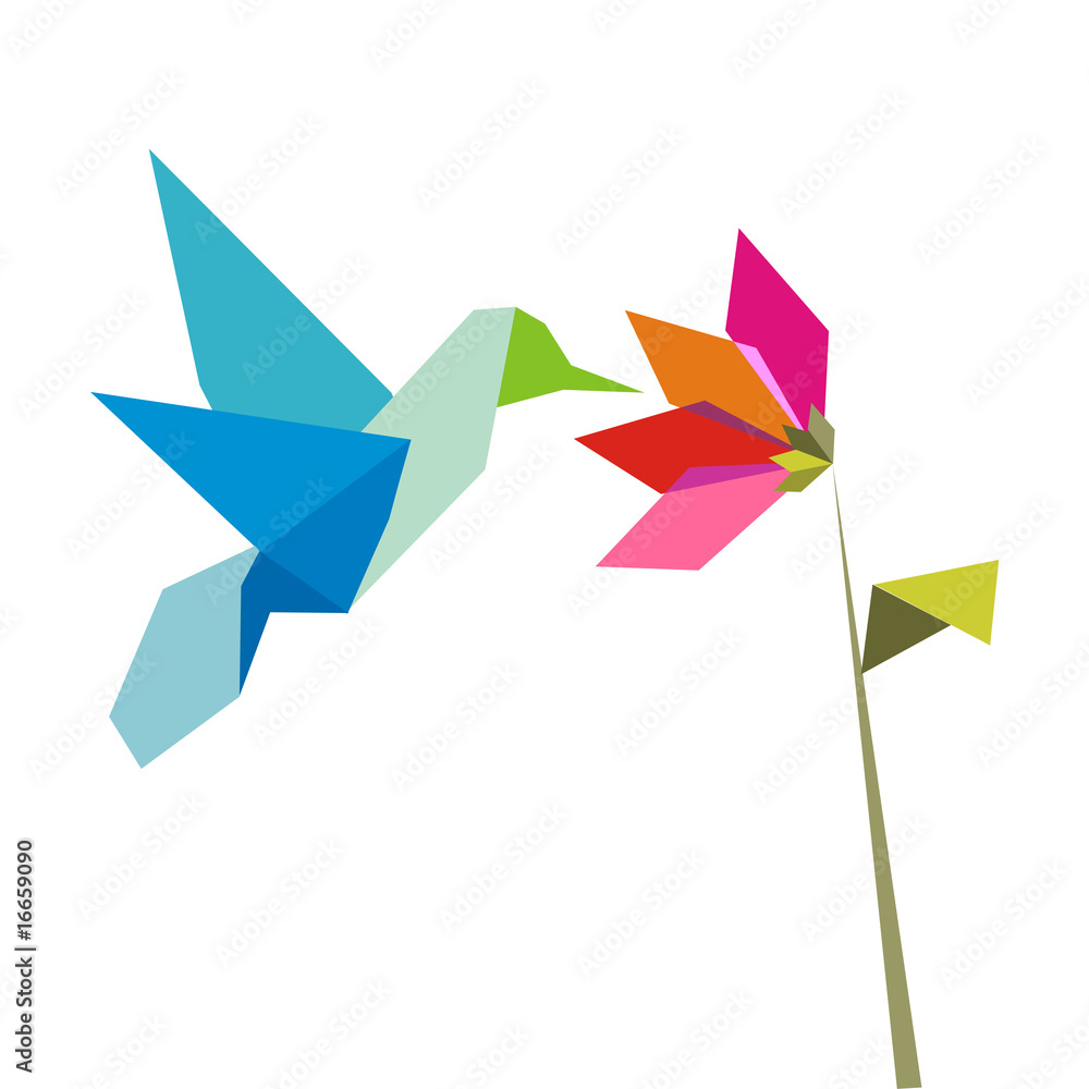 Origami  hummingbird  and flower on white - obrazy, fototapety, plakaty 