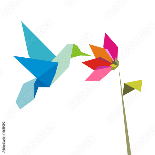 Origami hummingbird and flower on white