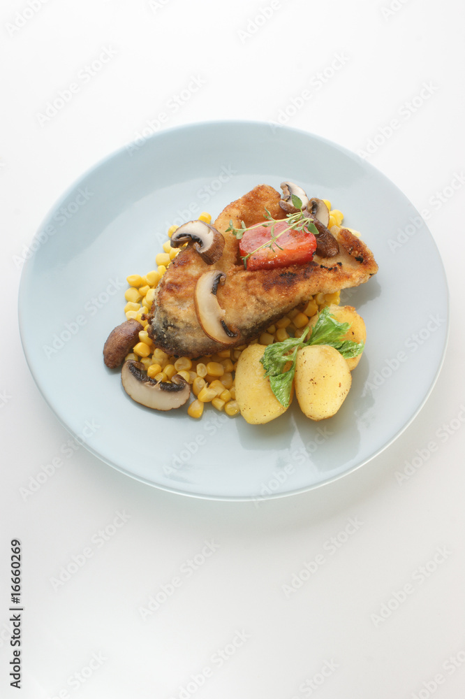 grilled carp fillet on organic potato with vegetable grilled carp fillet on organic potato with vegetable