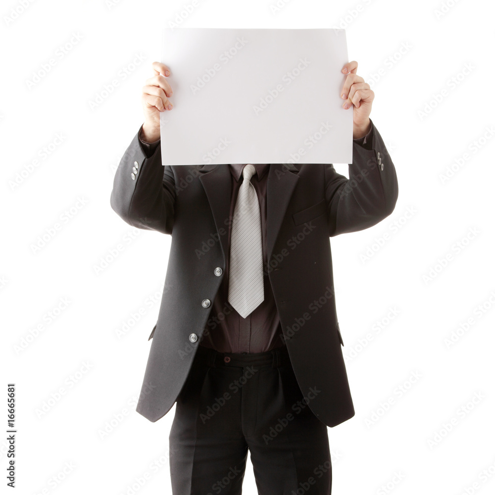 Young businessman holds blank signs. Young businessman holds blank signs.