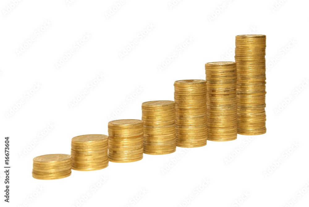 Stair to wealth of golden coins isolated on white. Stair to wealth of golden coins isolated on white.