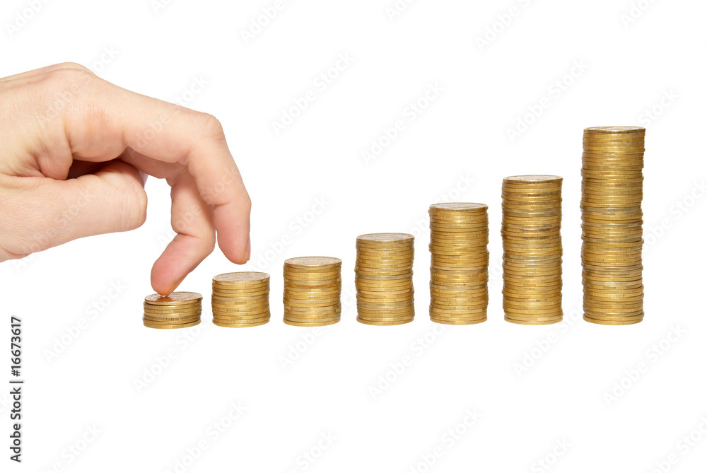 Climbing hand on gold coin staircase isolated on white. Climbing hand on gold coin staircase isolated on white.