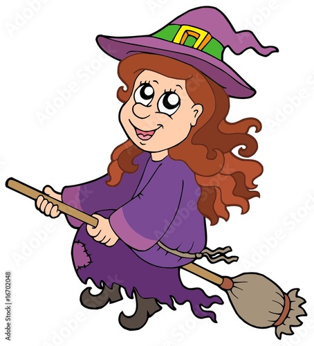 Cute witch flying on broom