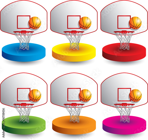 Basketball hoop and backboard on colored discs