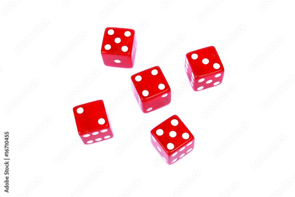 Five red dice showing random numbers isolated on white Five red dice showing random numbers isolated on white
