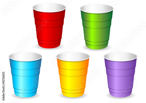 Colorful plastic party cup set over white