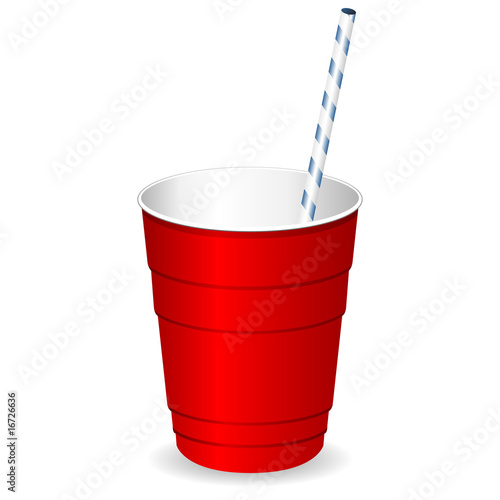 Red plastic party cup with straw over white