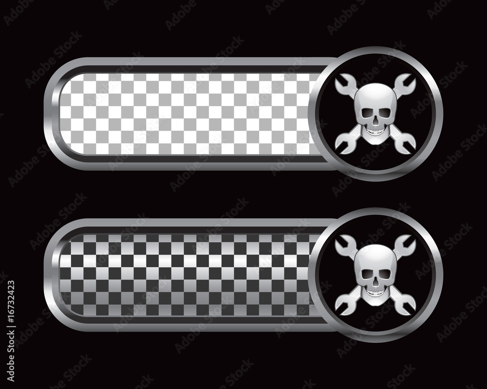 Skull and crossed wrenches on checkered tabs