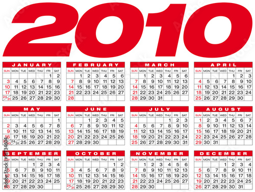 Calendar for year 2010, in vector format