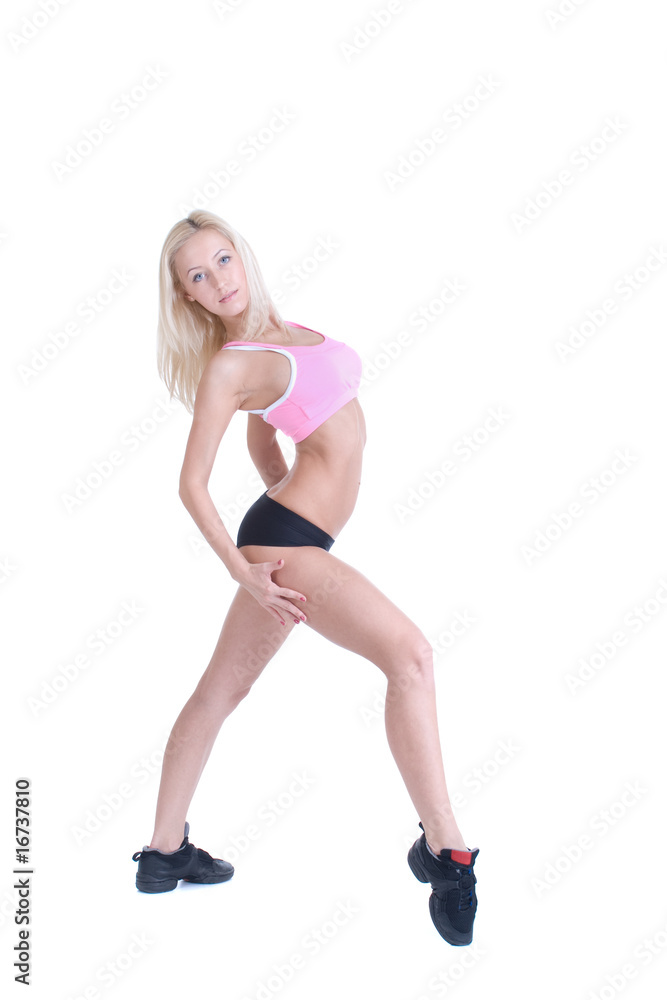 Beautiful slavonic woman dancing on white background