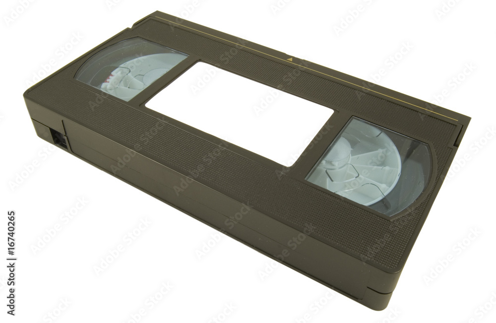video tape with blank label laying down on white background