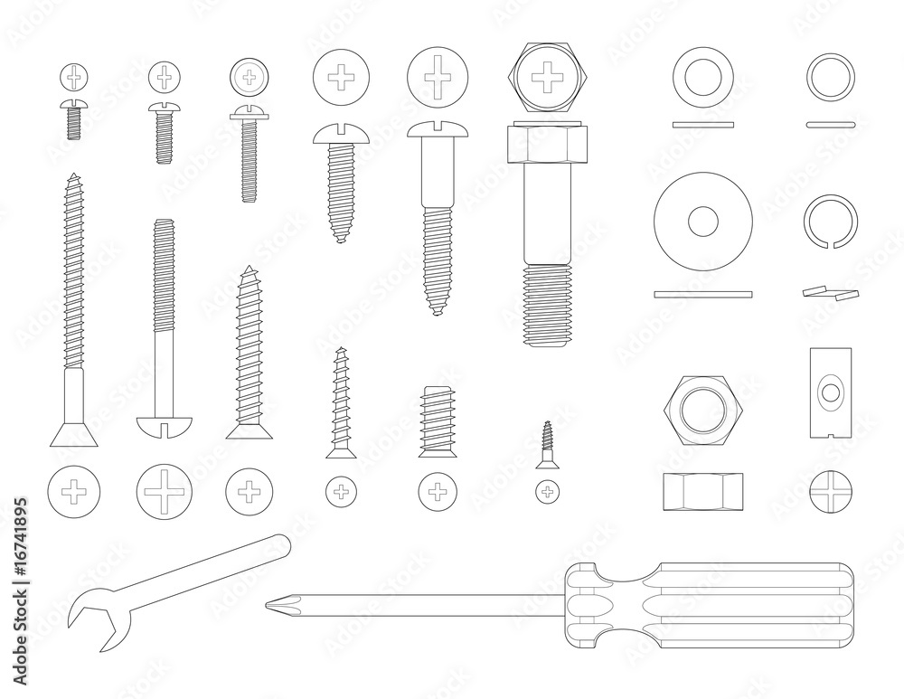 Black and white line illustration of screws and tools - obrazy, fototapety, plakaty 