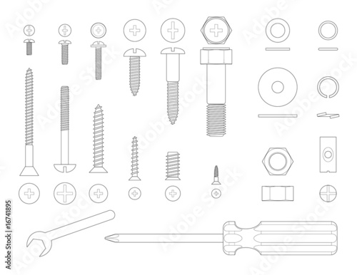 Black and white line illustration of screws and tools