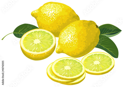 Realistic lemons with slices and leaves