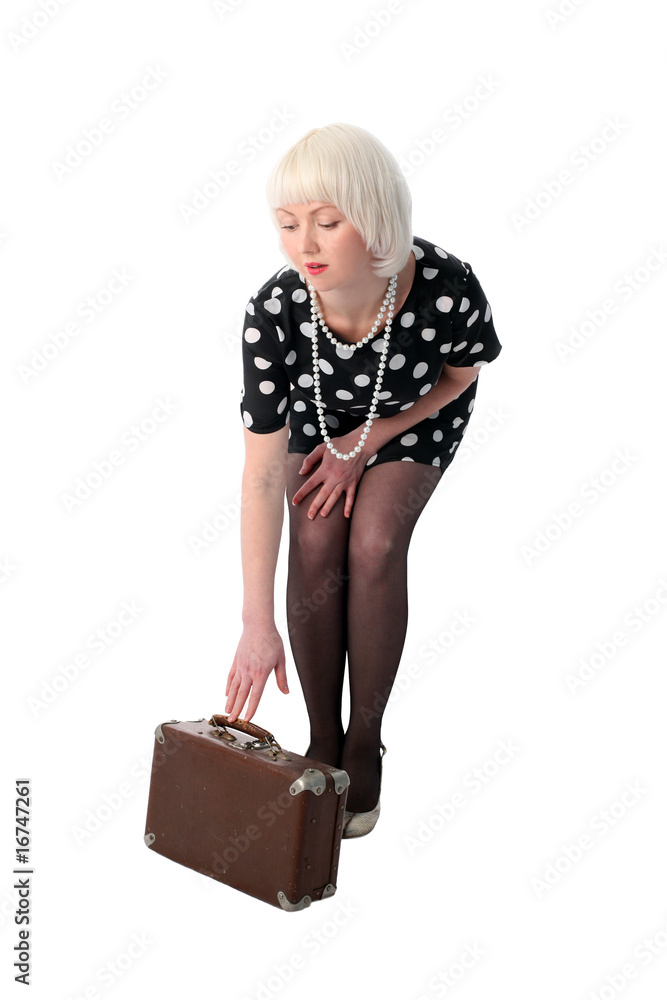 lovely woman posing with retro suitcase isolated on white lovely woman posing with retro suitcase isolated on white
