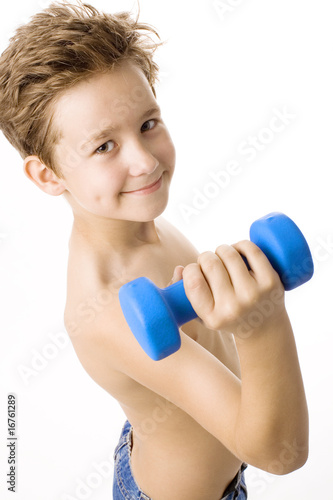 boy with dumbbells isolated on white