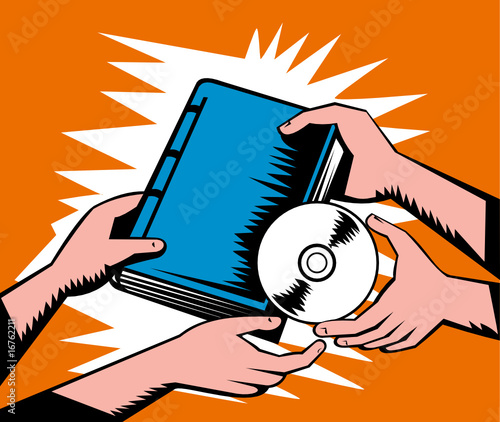 Hand holding book exchanging cd dvd disc