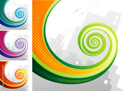 Spiral chameleon tail with city background. Vector layered.