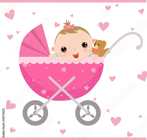 Baby girl sitting in carriage and waiving hello