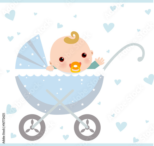 Baby boy sitting in carriage and waiving hello